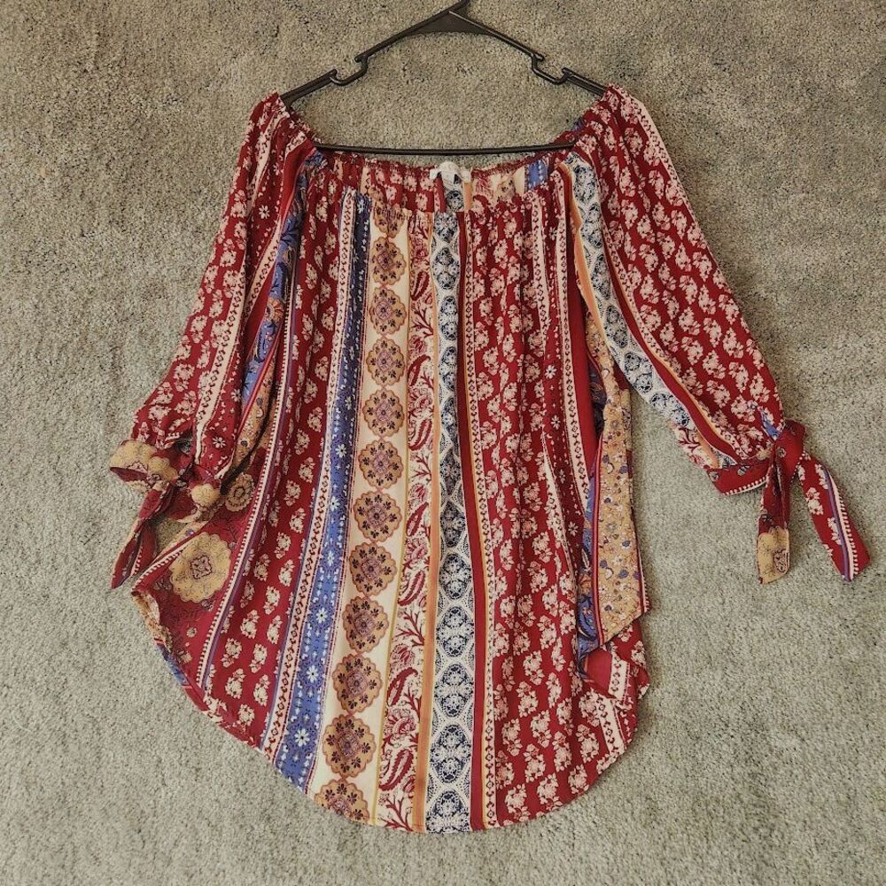 Moa Moa Womens Boho Tunic Size Small Multicolored Pheasant Blouse 3/4 Sleeve